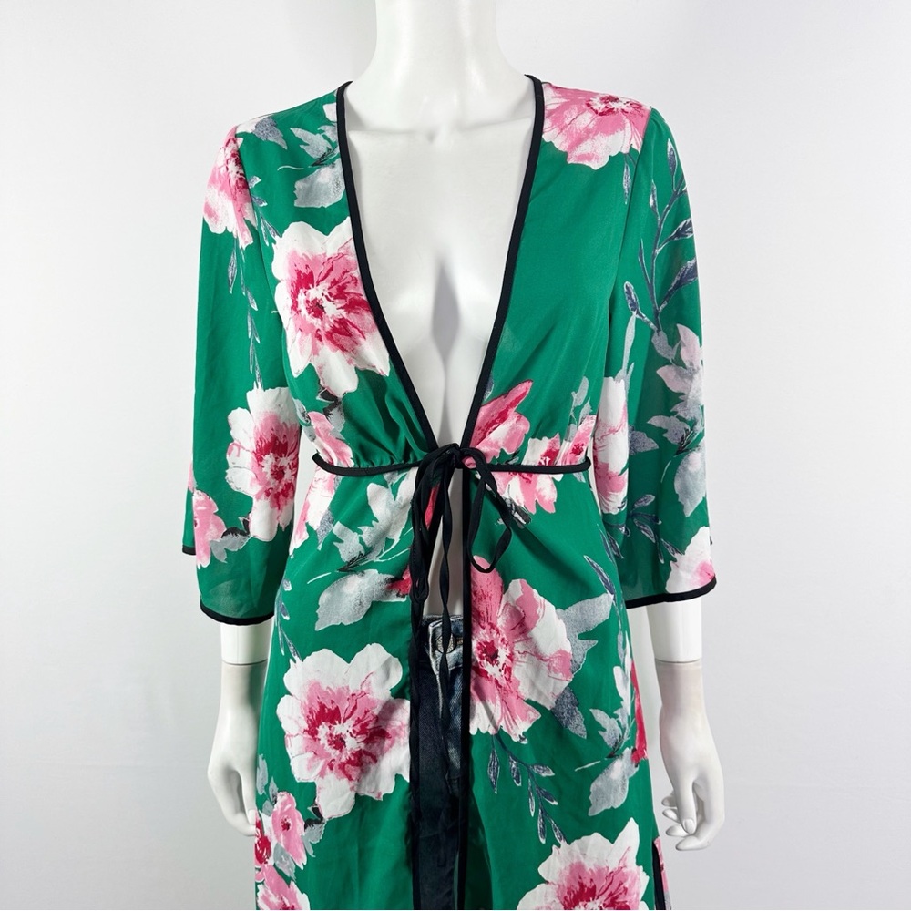 Lulus Green Floral Kimono Topper Size S/M Summer Classic Vacation Beach Casual - Picture 2 of 12